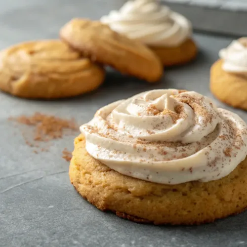 soft pumpkin cookie with cinnamon cream cheese frosting on gray background