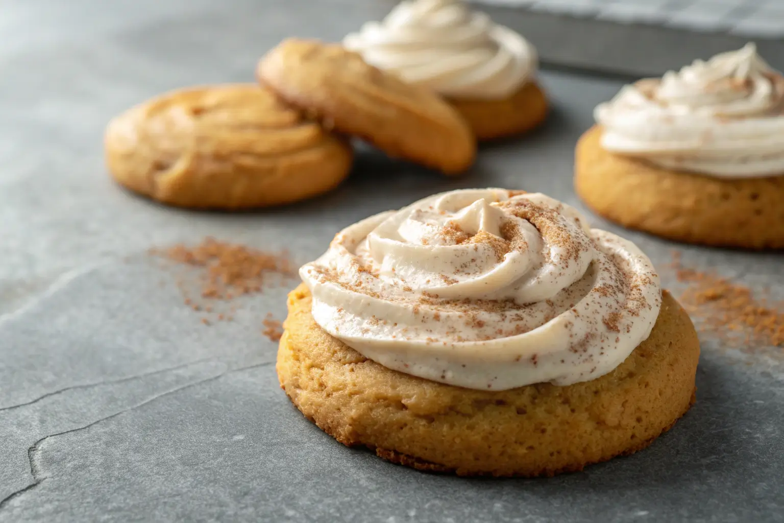soft pumpkin cookie with cinnamon cream cheese frosting on gray background