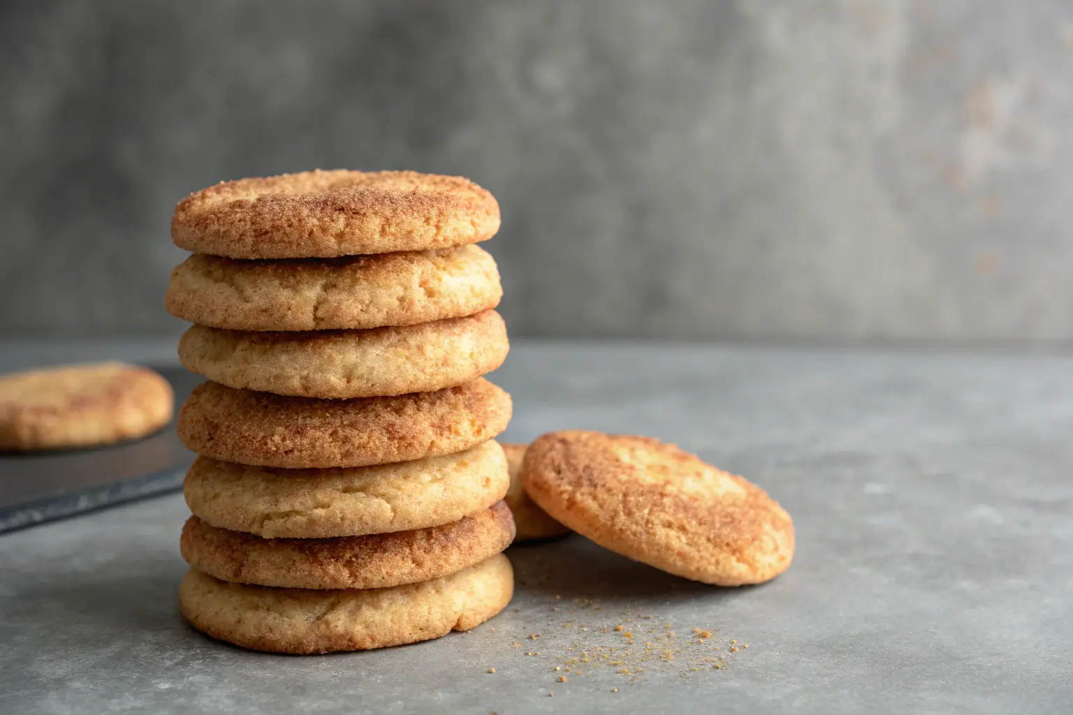 Soft Snickerdoodle cookies stacked on gray concrete background