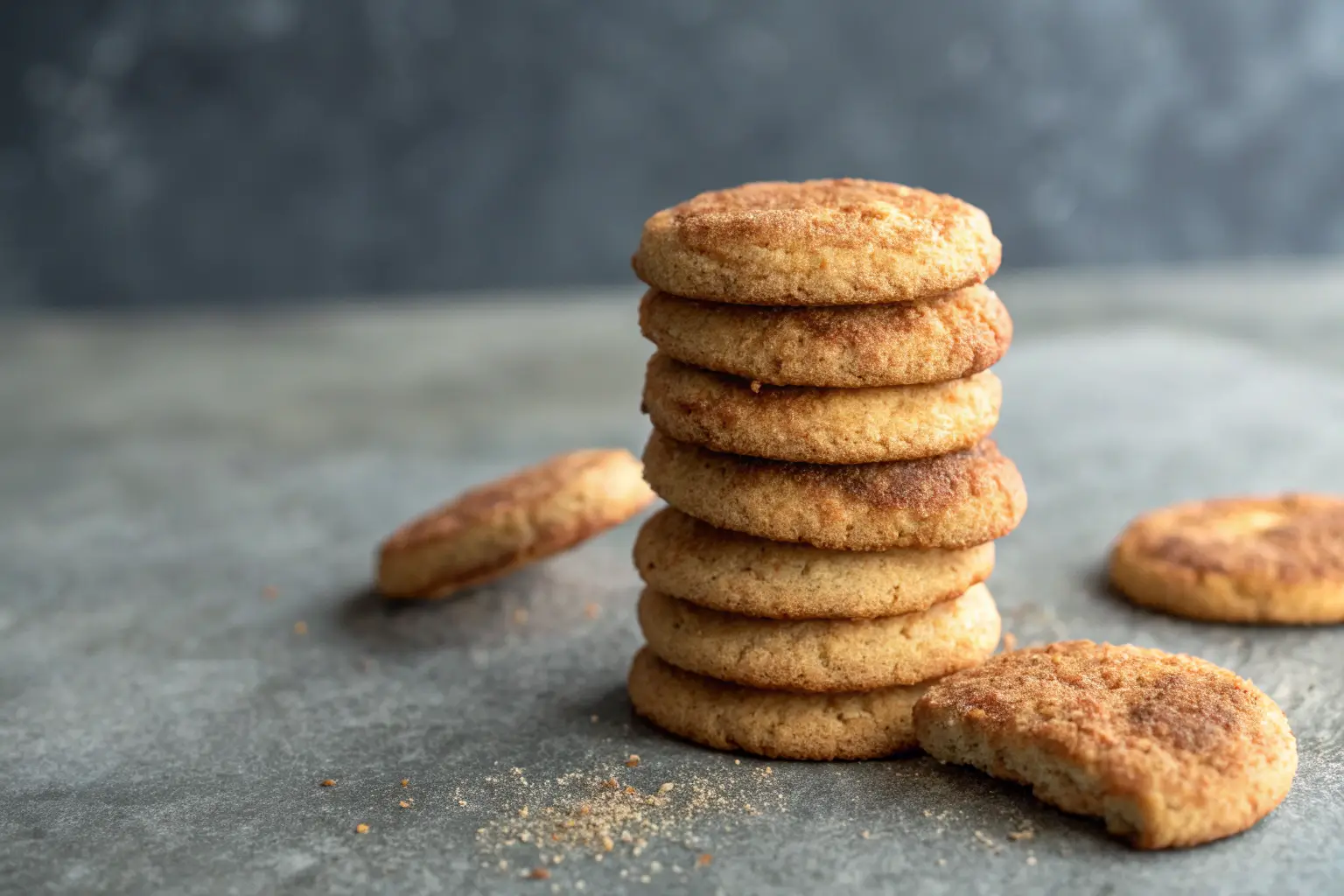 Soft vegan snickerdoodle cookies stacked on gray tabletop