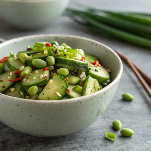 Spicy Asian Cucumber and Edamame Salad for Healthy Dinners 2 close-up of spicy Asian cucumber and edamame salad with green onions