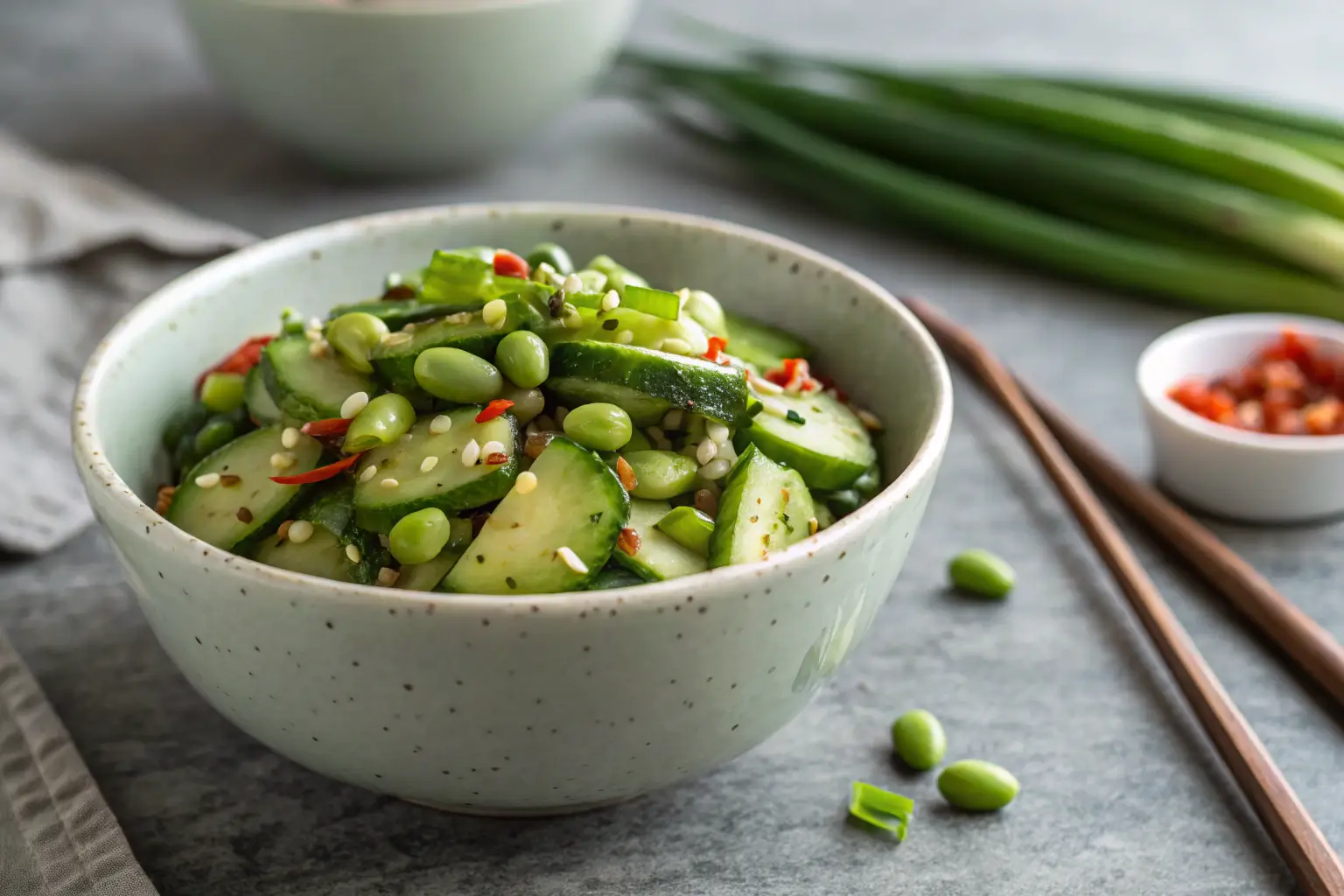 close-up of spicy Asian cucumber and edamame salad with green onions