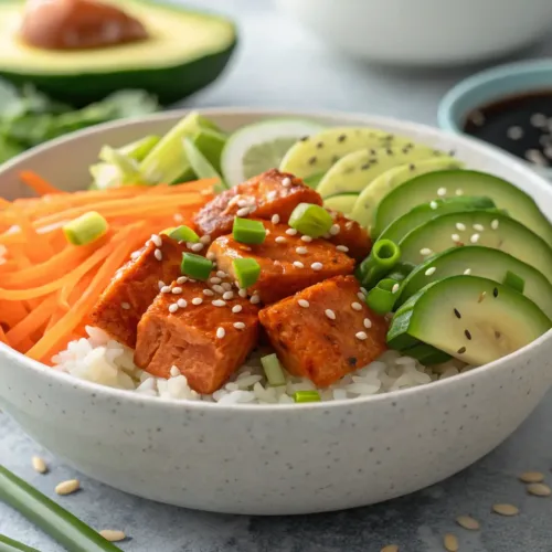 asian recipes โ Spicy Salmon Bowl Recipe for a Healthy Asian Dinner 2 Spicy salmon bowl with rice and fresh vegetable toppings on gray tabletop