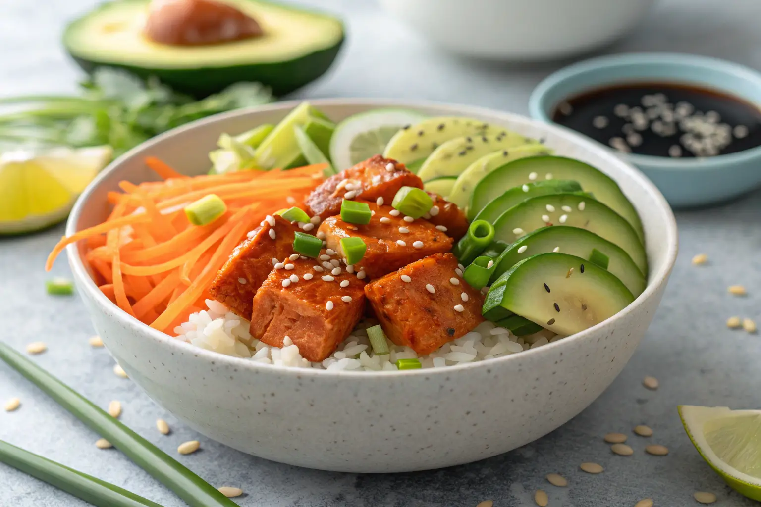 Spicy salmon bowl with rice and fresh vegetable toppings on gray tabletop
