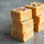 sugar cookie fudge squares with sprinkles stacked on gray background