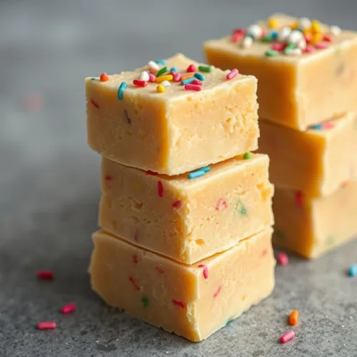 sugar cookie fudge squares with sprinkles stacked on gray background