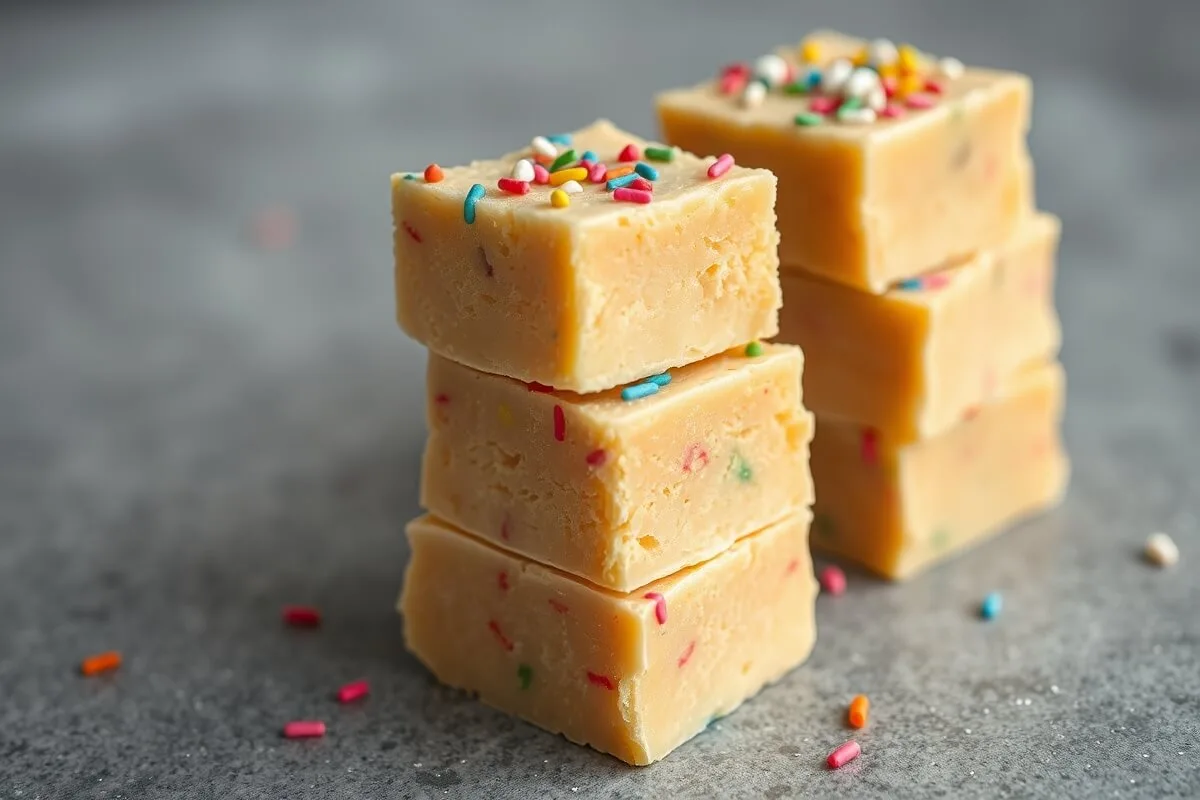 sugar cookie fudge squares with sprinkles stacked on gray background