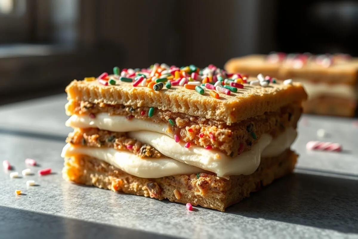 sugar cookie lasagna dessert with cream cheese and pudding layers topped with sprinkles