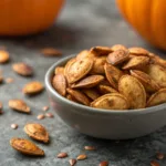 Sweet and spicy oven roasted pumpkin seeds close-up on gray background