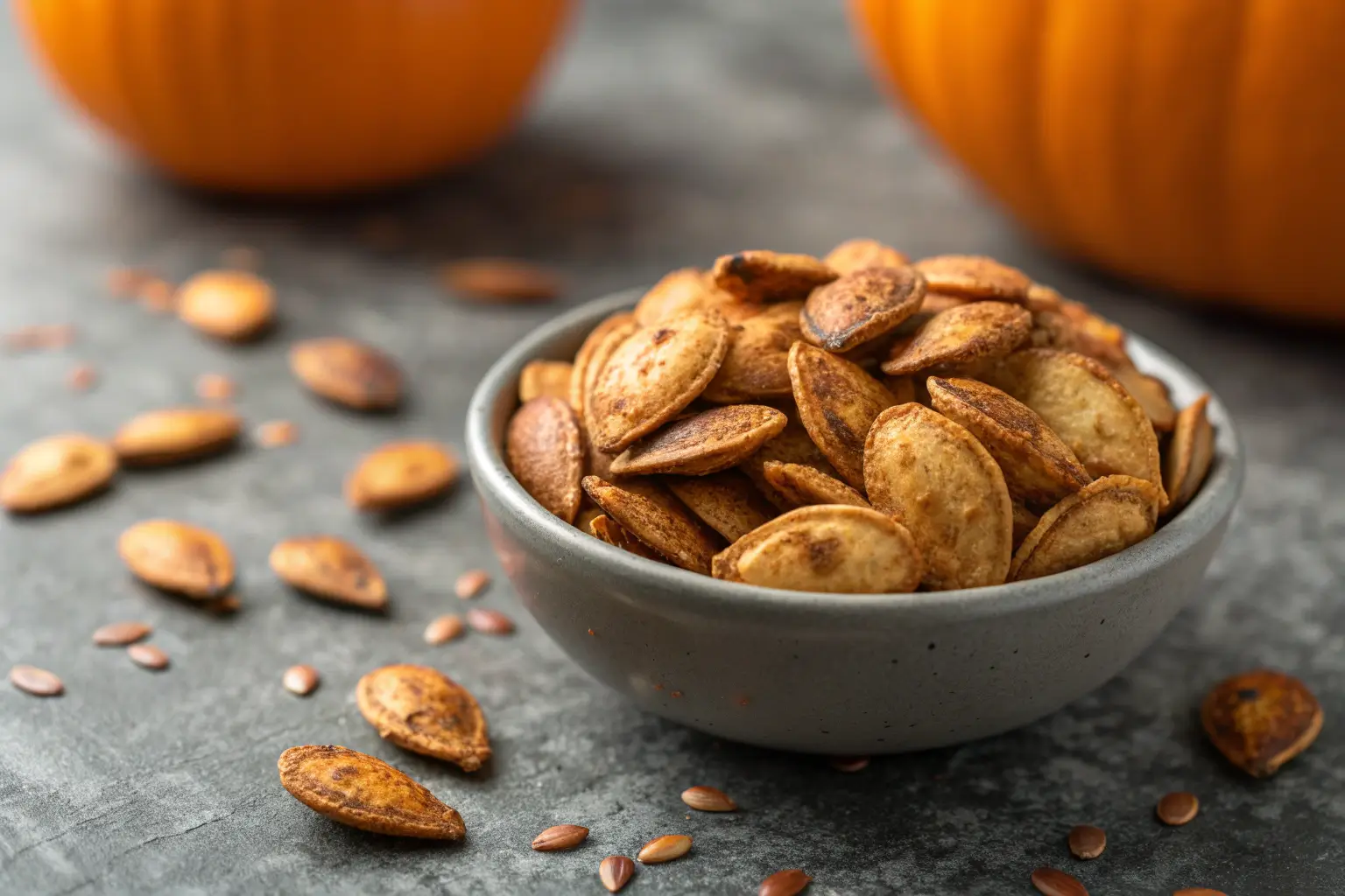 Sweet and spicy oven roasted pumpkin seeds close-up on gray background