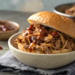 shredded crock pot pulled pork in barbecue sauce close-up