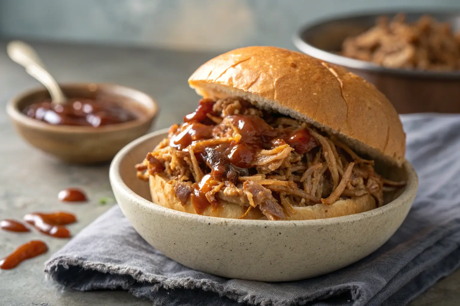 shredded crock pot pulled pork in barbecue sauce close-up