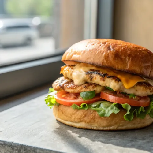 close-up of grilled chicken sandwich with cheese and veggies on toasted bun