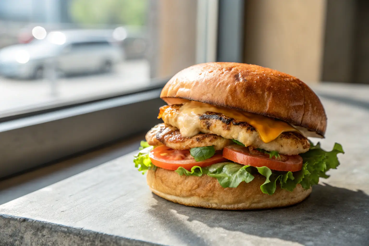 close-up of grilled chicken sandwich with cheese and veggies on toasted bun