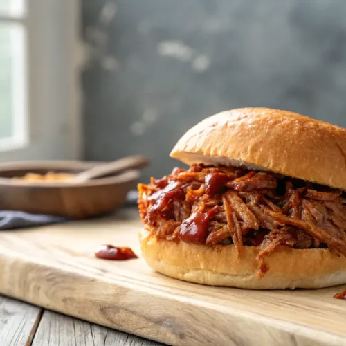 Tender shredded BBQ pulled pork with rich sauce on neutral background