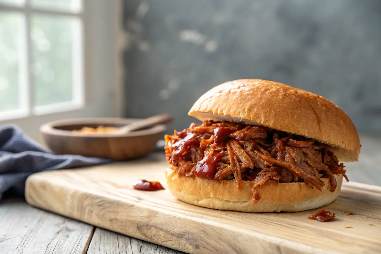 Tender shredded BBQ pulled pork with rich sauce on neutral background