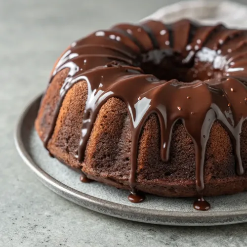 Texas Sheet Cake Bundt Cake with chocolate frosting on gray surface