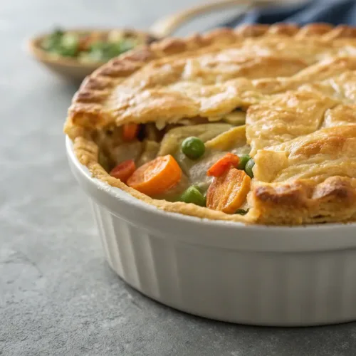 golden veggie pot pie casserole with flaky crust on gray tabletop