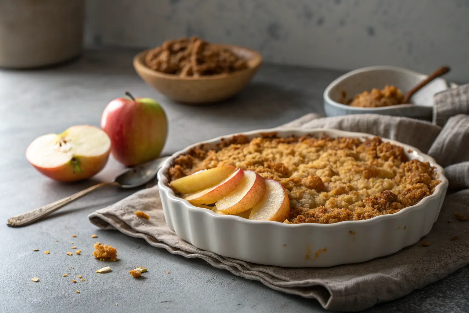 warm maple apple crumble with golden crisp topping