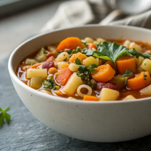 Winter minestrone soup with pasta and fresh herbs in a bowl