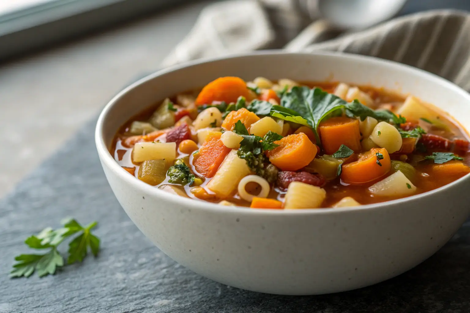 Winter minestrone soup with pasta and fresh herbs in a bowl