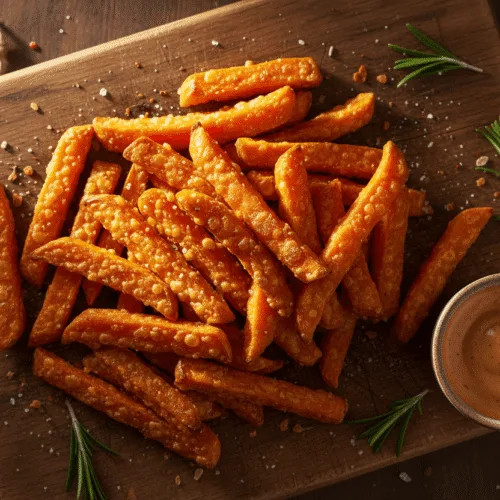 Overhead view of crispy golden brown sweet potato fries on a rustic wooden table
