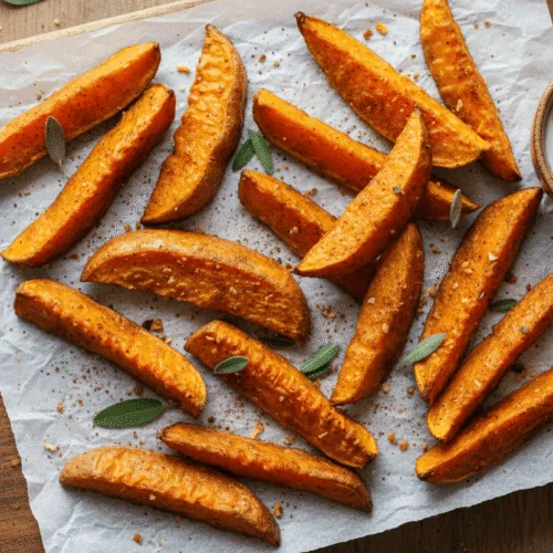 Crispy air fryer sweet potato wedges with a golden brown finish and seasoning.