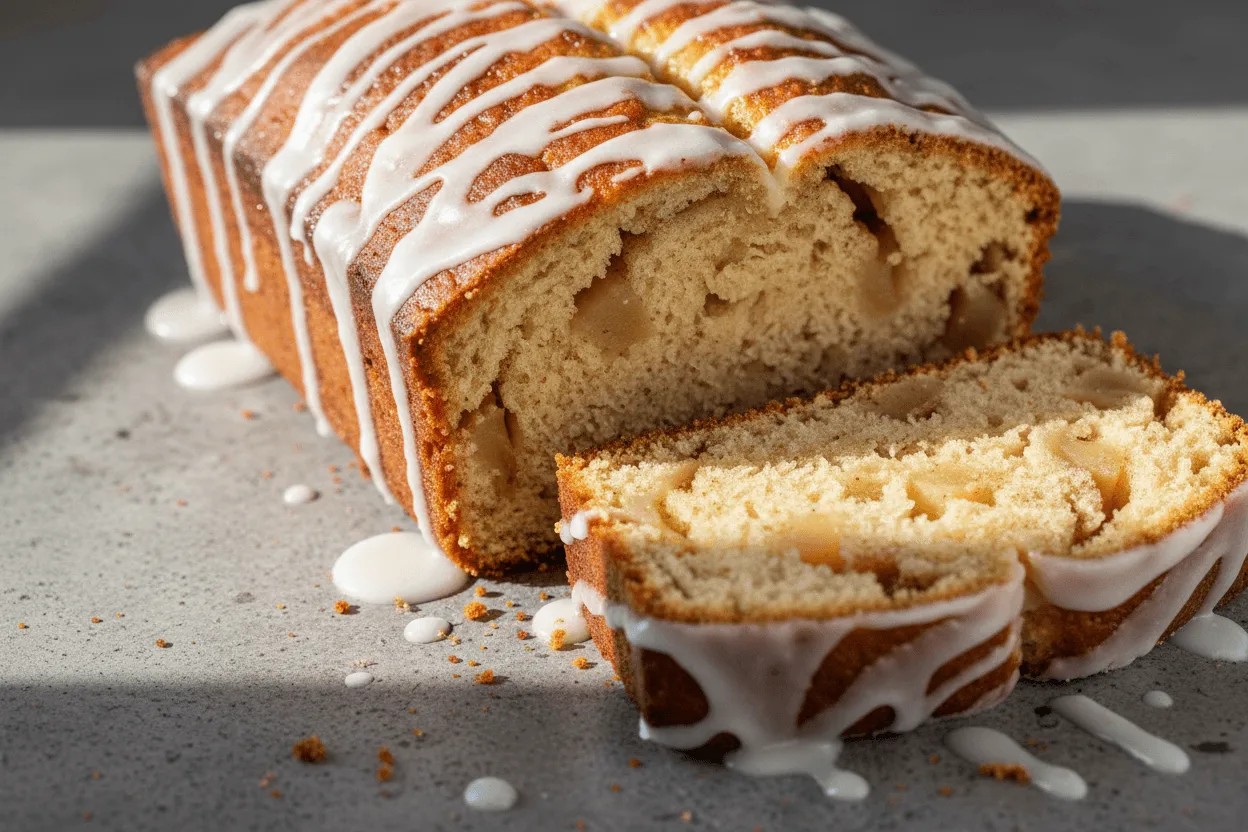 Sliced Amish apple fritter bread with cinnamon glaze on gray surface