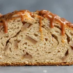 sliced apple fritter bread with diced apples and caramel drizzle