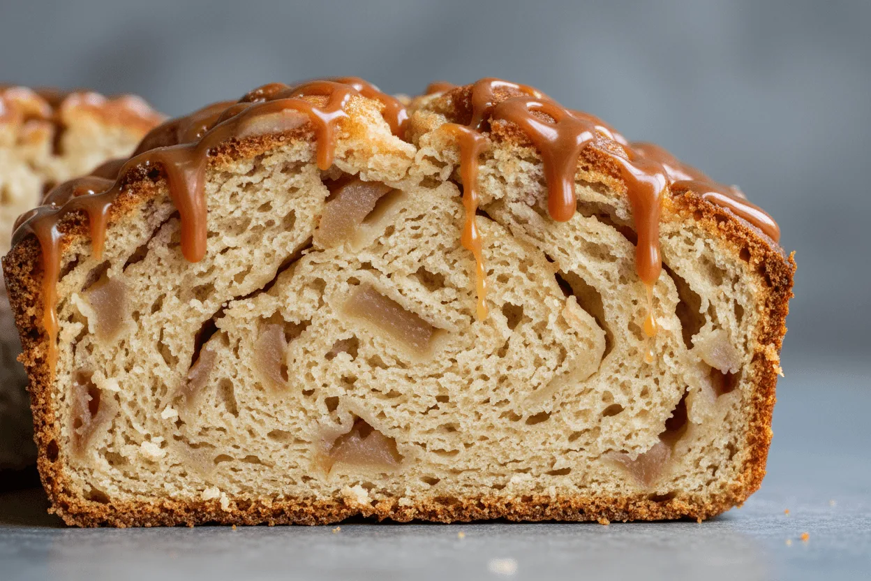 sliced apple fritter bread with diced apples and caramel drizzle