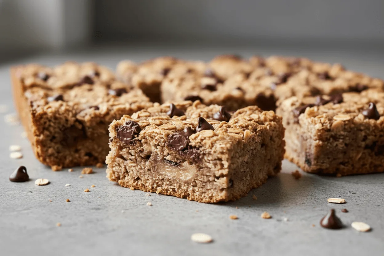 banana oatmeal bars cut into squares on gray background