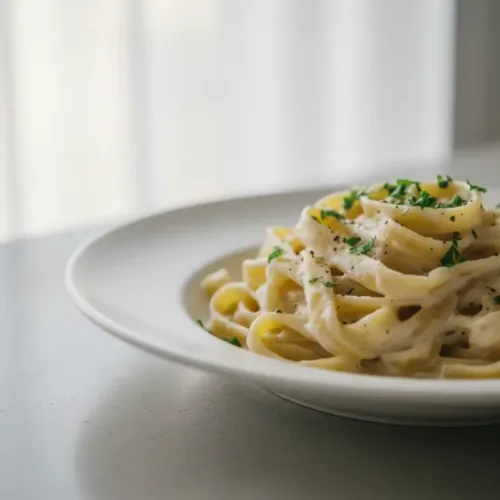 Creamy fettuccine Alfredo pasta with parsley garnish on white plate