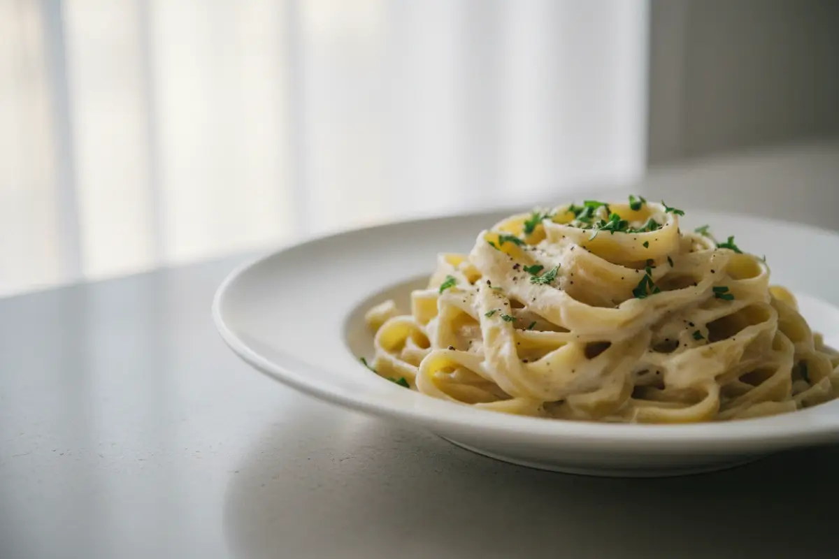 Creamy fettuccine Alfredo pasta with parsley garnish on white plate