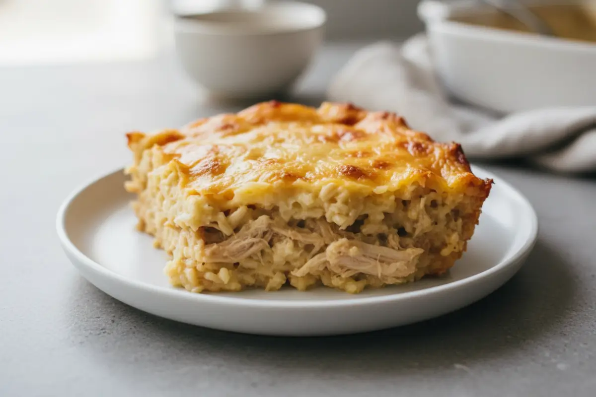 Close-up of cheesy chicken and rice casserole on white plate