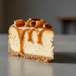 caramel apple cheesecake slice with caramel drizzle on gray surface