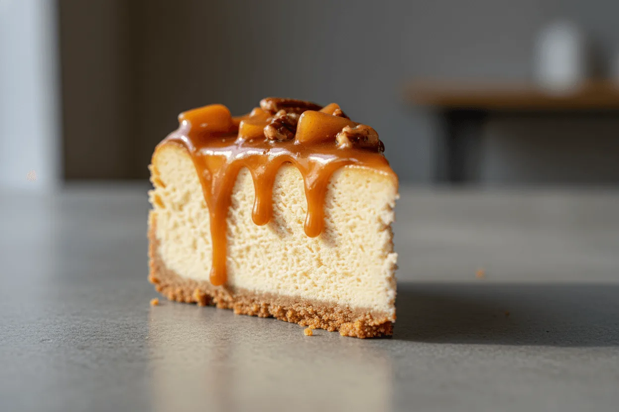 caramel apple cheesecake slice with caramel drizzle on gray surface
