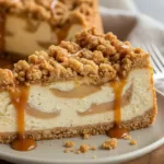 Slice of caramel apple pie cheesecake with streusel topping
