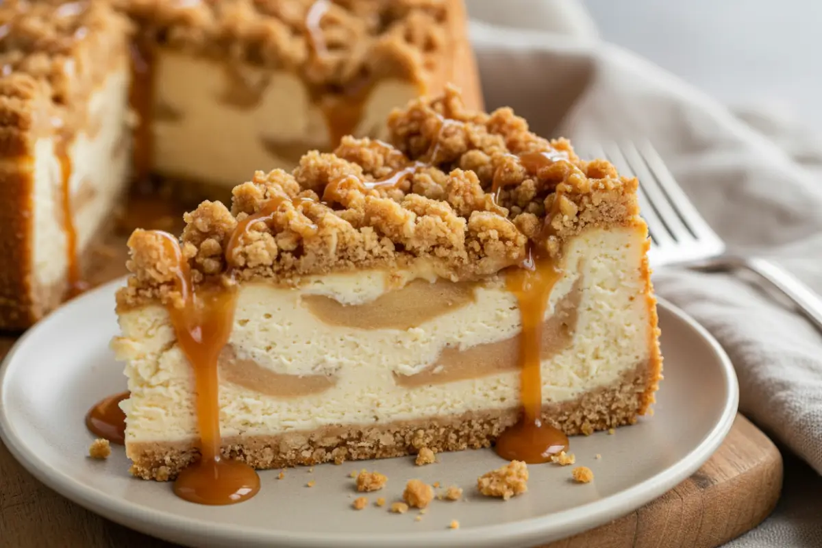 Slice of caramel apple pie cheesecake with streusel topping