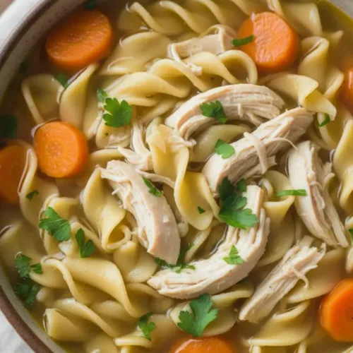 Bowl of chicken noodle soup with carrots and noodles