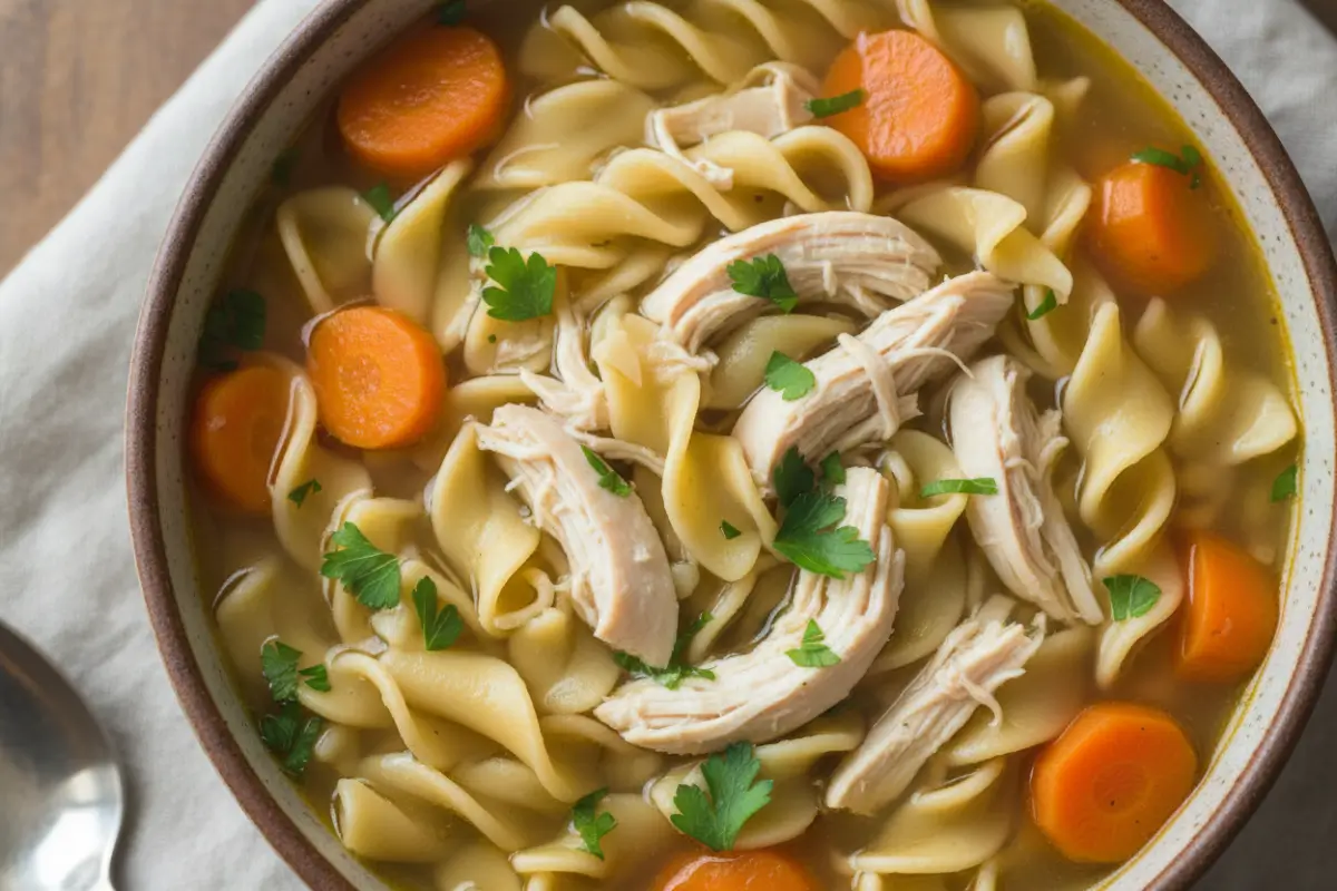 Bowl of chicken noodle soup with carrots and noodles