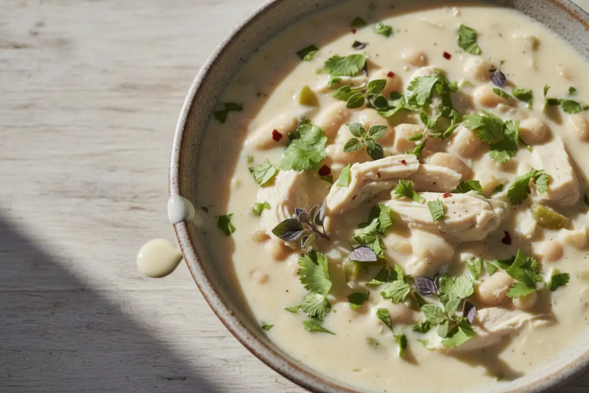 Bowl of creamy white chicken chili with herbs
