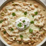 Bowl of white chicken chili with cheese and sour cream