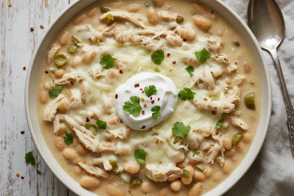 Bowl of white chicken chili with cheese and sour cream