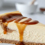 Creamy apple cider cheesecake with glossy spiced syrup drip