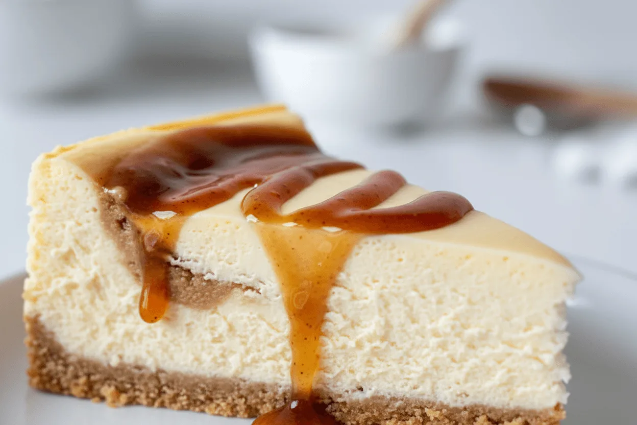 Creamy apple cider cheesecake with glossy spiced syrup drip