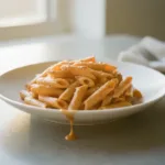 Close-up of creamy Cajun pasta with chicken and bell peppers on white plate