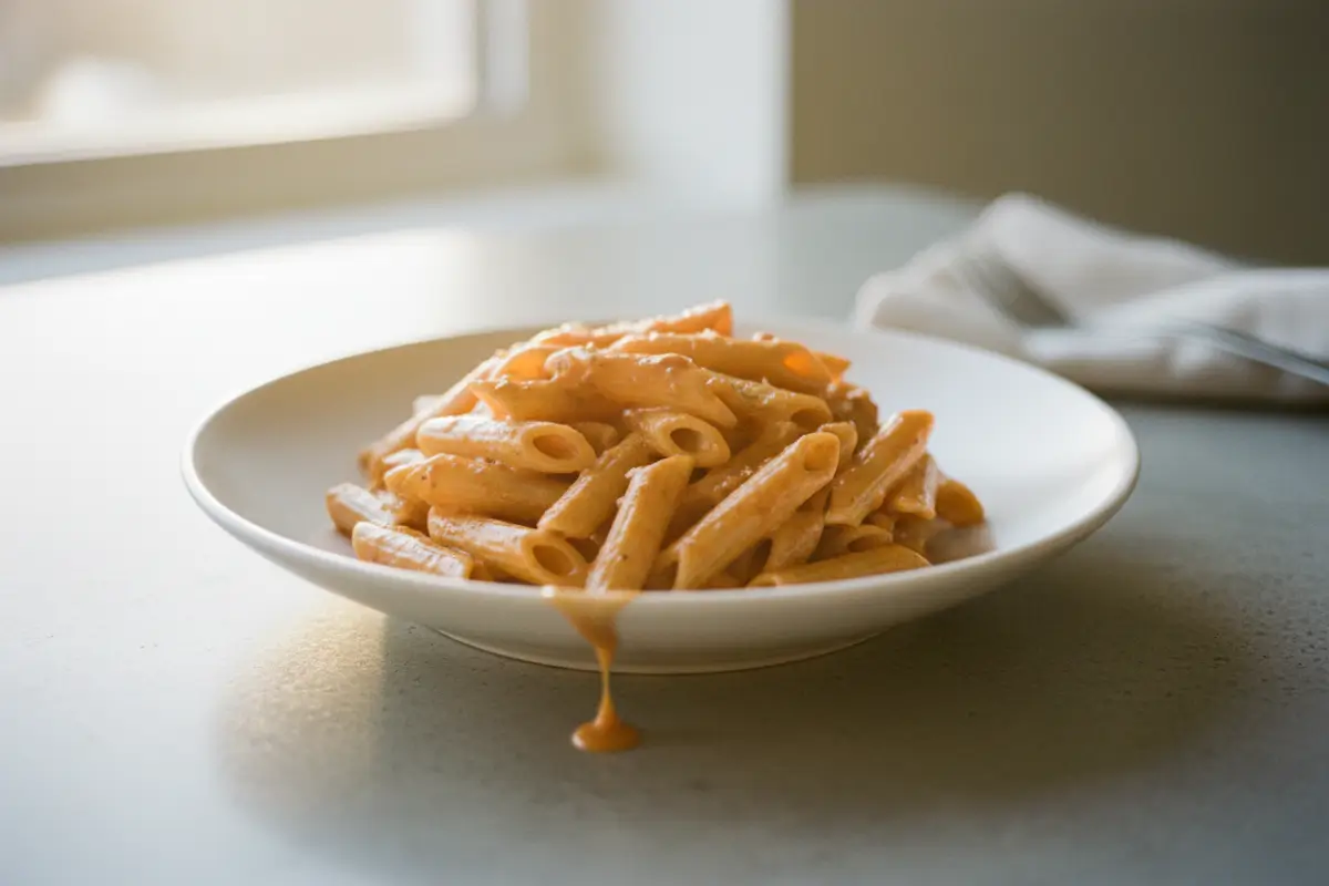 Close-up of creamy Cajun pasta with chicken and bell peppers on white plate