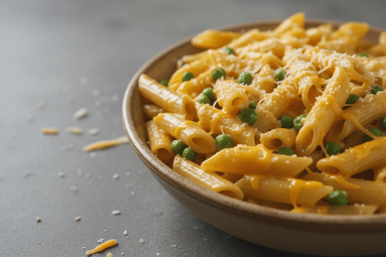 creamy cheesy one pot penne pasta with peas on gray background