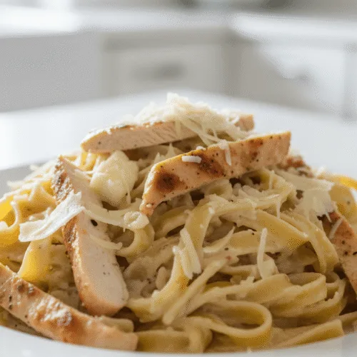 Creamy Chicken Fettuccine Alfredo with Parmesan cheese close-up