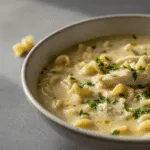 creamy chicken noodle soup with tender chicken and noodles in bowl